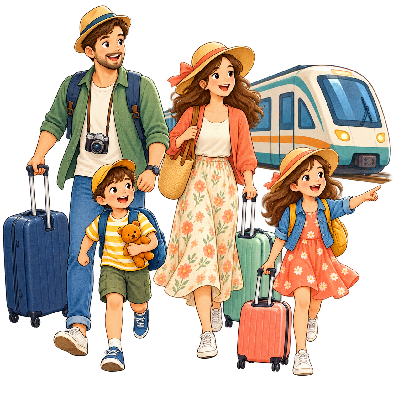 家族で電車旅行の無料イラスト